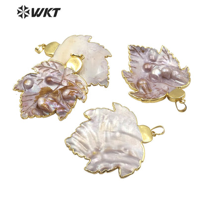 WT-JP192 Fashion Mother of Pearl Leaf Pendant Gold Plated Charm Jewelry Natural Leaf Shape Mother of Pearl Pendant