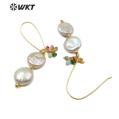 WT-E576 Hot-sale Natural Double Pearl Earring With Crystal Beads Women Stylish Jewelry Pearl Earring Lady Charm Earring