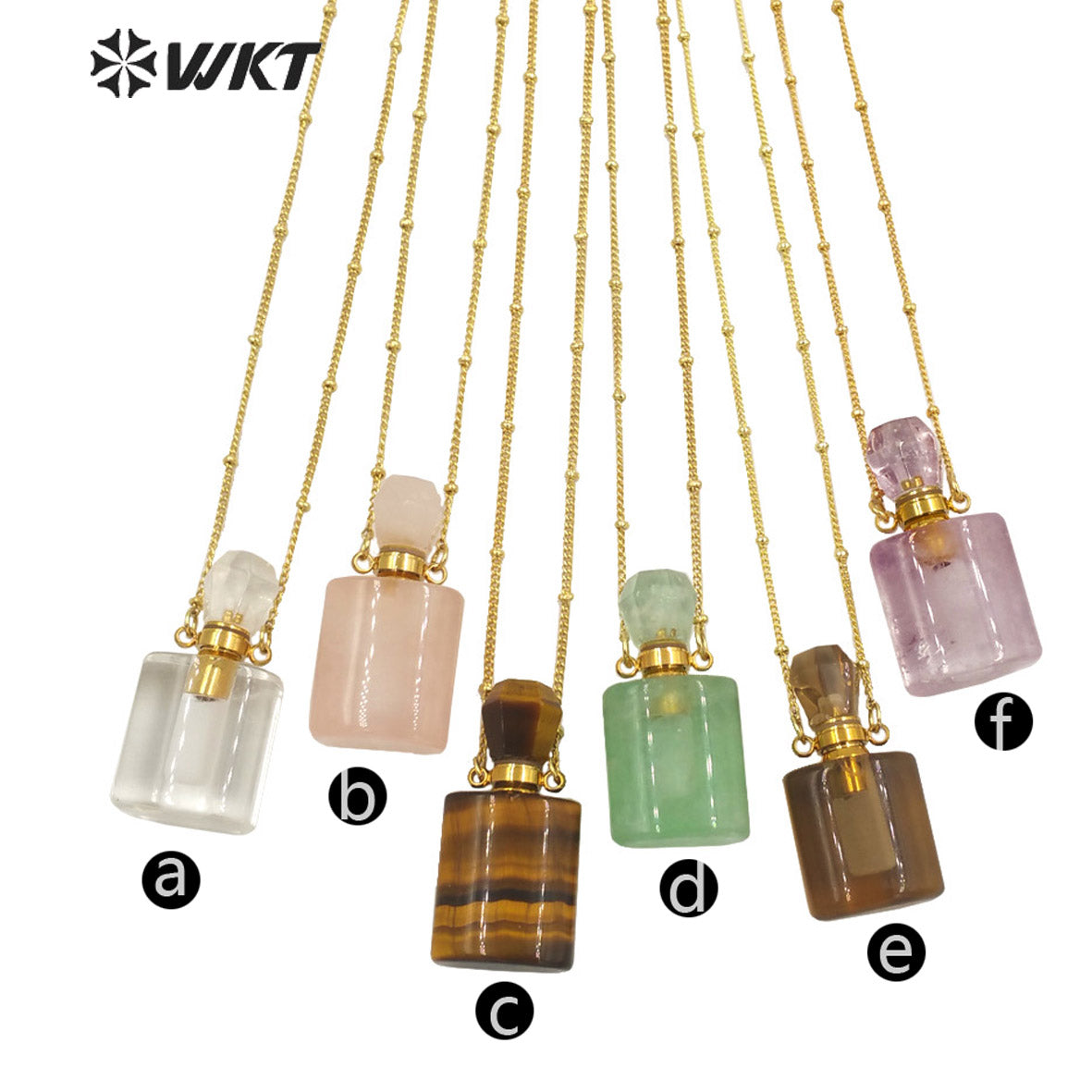 WT-N1285 Wholesale Gold Plated Natural Stone Rose Quartz square Essencial Oil Bottle Necklace Double Loop Perfume Necklace