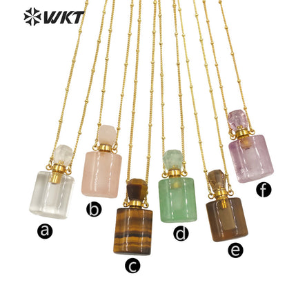 WT-N1285 Wholesale Gold Plated Natural Stone Rose Quartz square Essencial Oil Bottle Necklace Double Loop Perfume Necklace