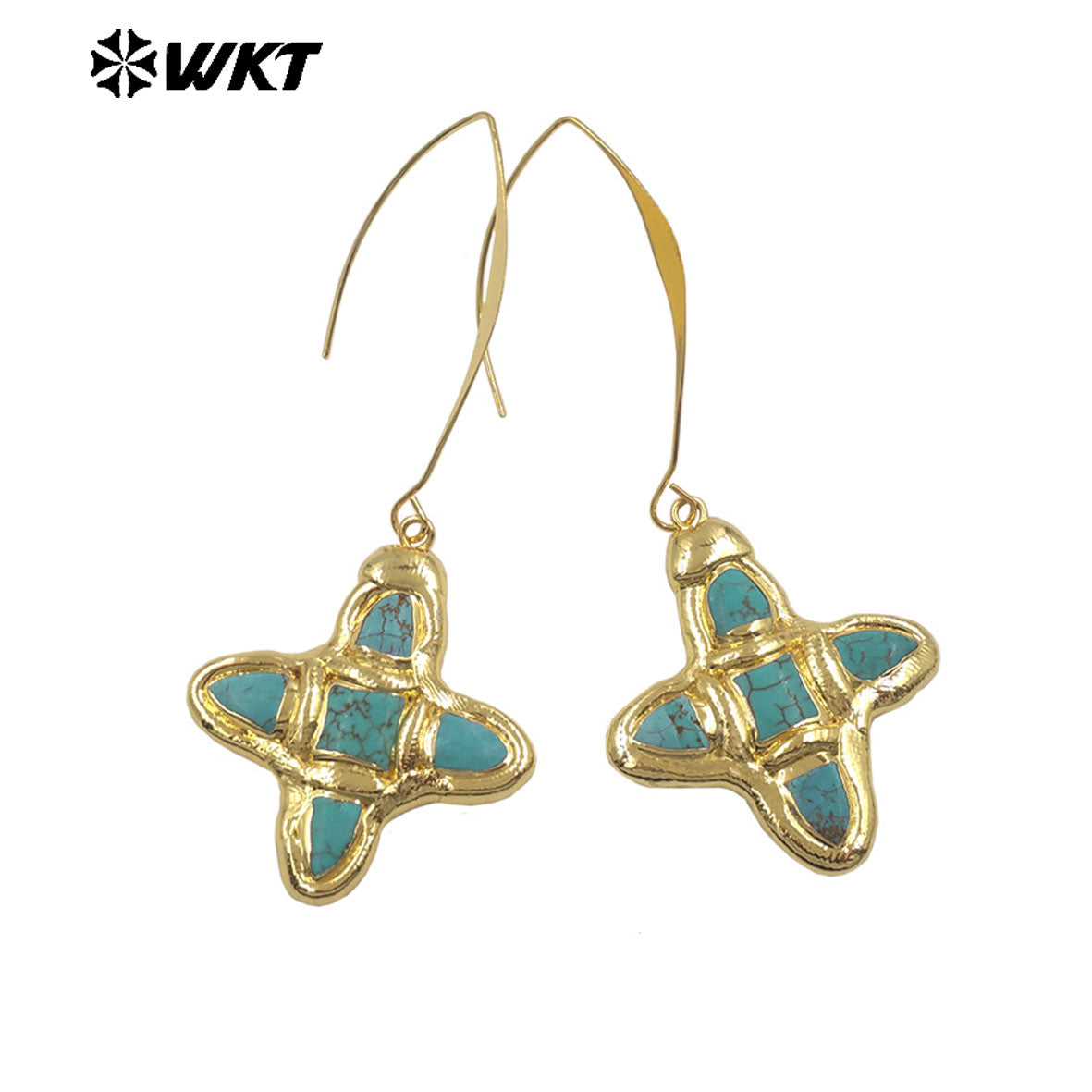 WT-E804 Popular Style Gold Electroplated Natural Turquoise And Pearl Cross Pendant Long Earrings As Women Daily Decorations