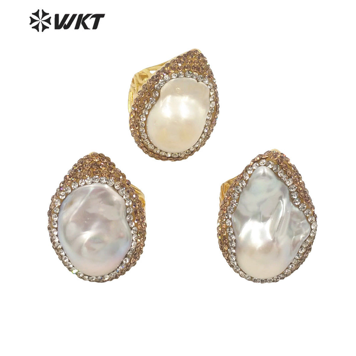 WT-MPR039 Gorgeous Fashion 18k Real Gold Bezel Big Baroque Pearl Rhinestone Ring Royal Value Birthday Ring for Women