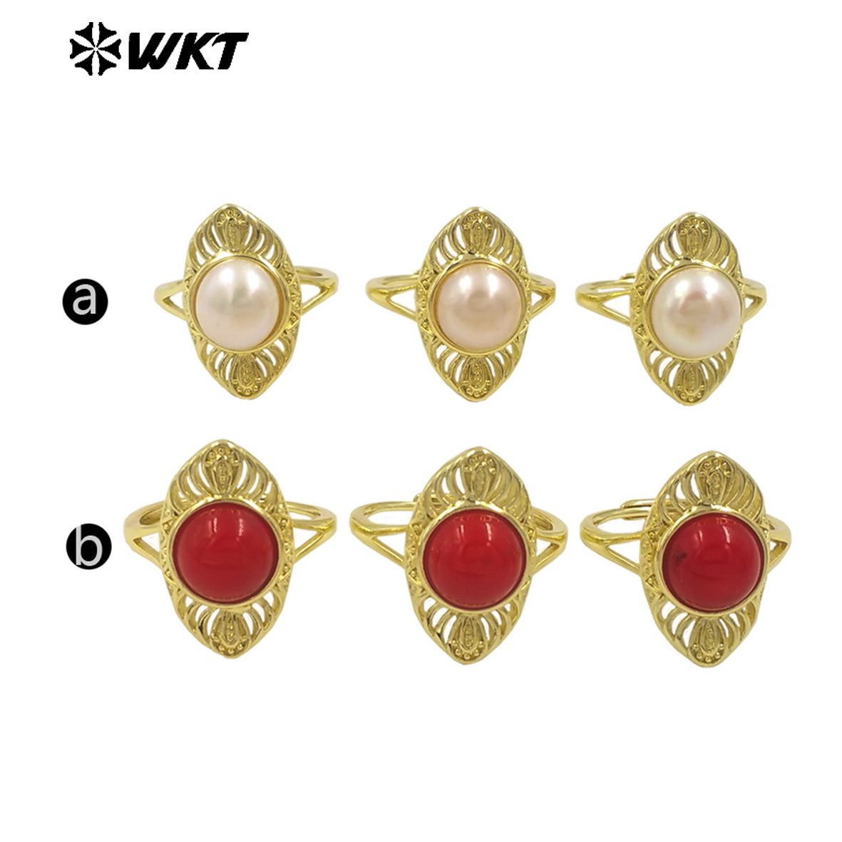 WT-MPR107 New Wholesale Women Gold Plated Adjustable Size Natural Pearl and Red Coral Ring Party Jewelry