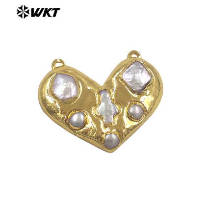 WT-PC019 Romantic Luxury Gold Plated Natural Freshwater Pearl Heart Connector With Double Hoops For Girls Necklace Making