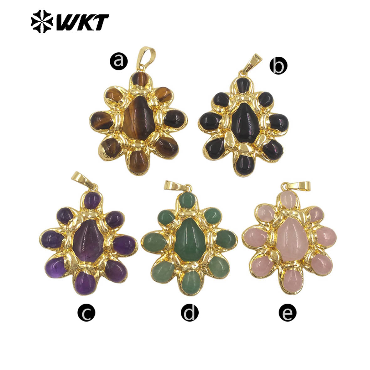 WT-P2085 Exclusive Charms Back Full Gold Plated Various Natural Gemstones Flower Big Pendants For Elegant Necklace Making