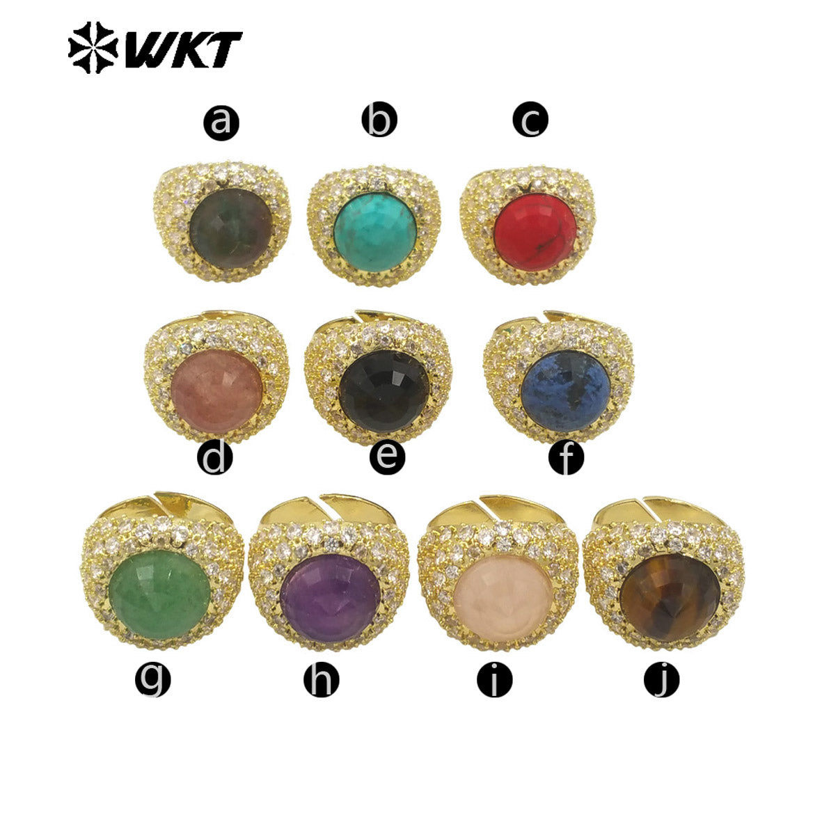 WT-MR027 Bling Series Big Unisex Cocktail Gemstone Setting With 18K Real Gold Plated Round Stone Rings in Open Size