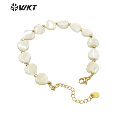 WT-MPB063 Unique Bohemian Vintage White Shell Made Heart Bracelet with Clasp Gold Strand Beads Heart Jewelry Women Bracelets