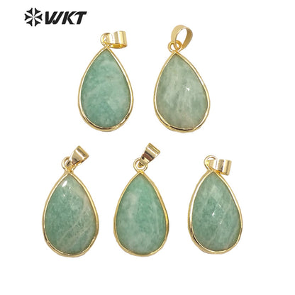 WT-P1640 Wholesale Gold Bezel Women Natural Amazonite Teardrop Pendants Charming Faceted Water Drop Stone Pendant