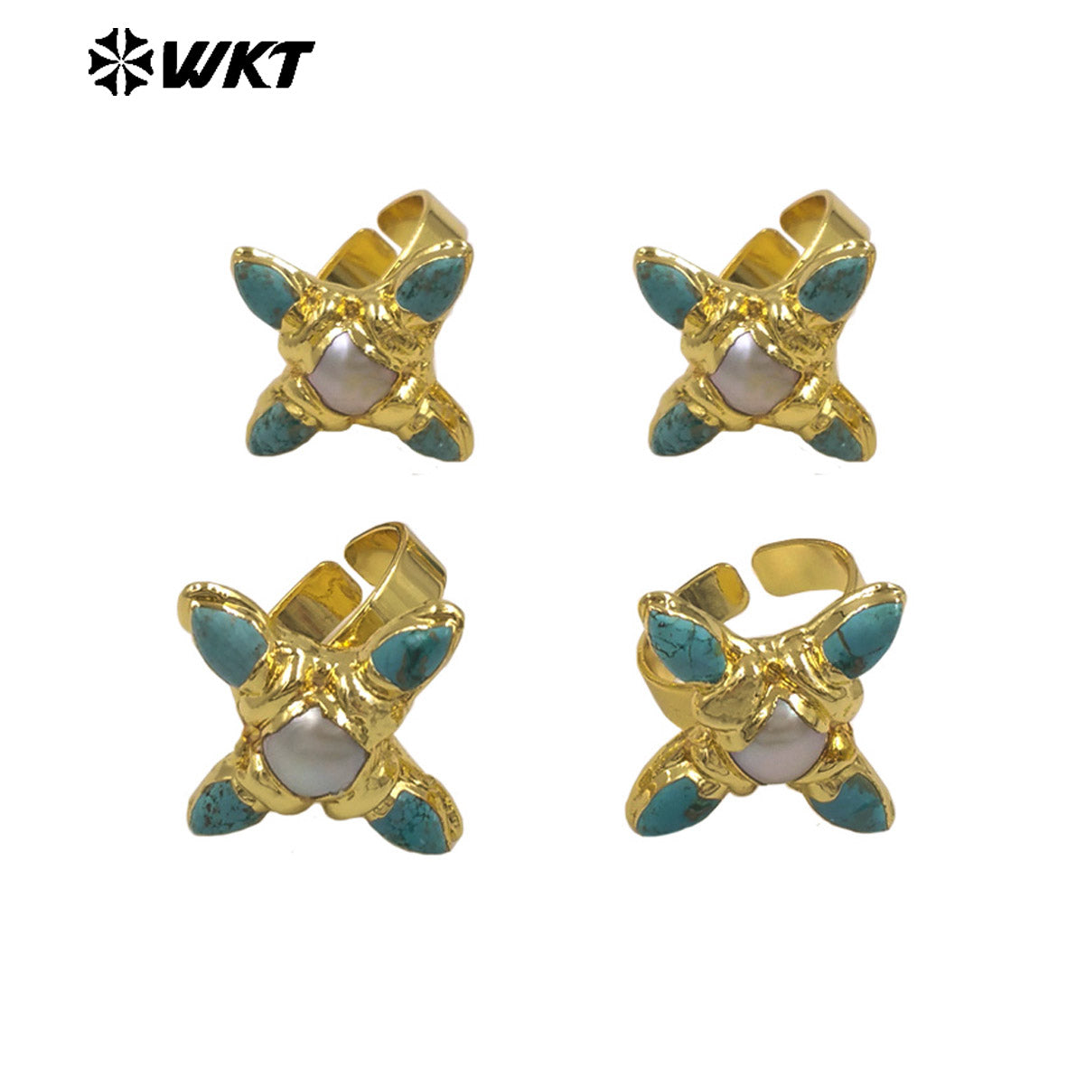 WT-MPR162 Exclusive Design Gold Plated Natural Turquoise And Pearl Cross Rings For Female Dance Party Wearing Accessory