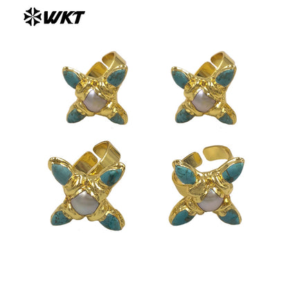 WT-MPR162 Exclusive Design Gold Plated Natural Turquoise And Pearl Cross Rings For Female Dance Party Wearing Accessory
