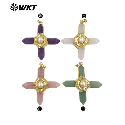 WT-P1967 Wholesale Fashion Gold Plated Cross Healing Energy Gemstone Point Anchor Pendants Special Rose Quartz Jewelry
