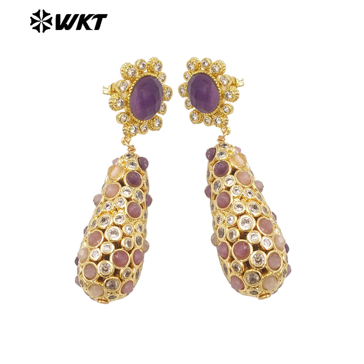 WT-E757 Amazing Popular Fashion Gold Plated Long Dangle Drop With Natural Stond Beads Setting Women Earrings