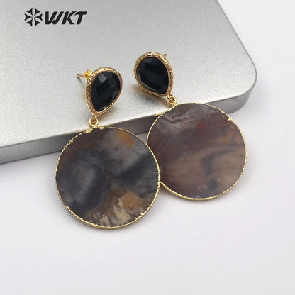 WT-E562 Wholesale Natural Stone Sliced Round Earrings Elegant Noble Fashion Slice Natural Stone Earrings