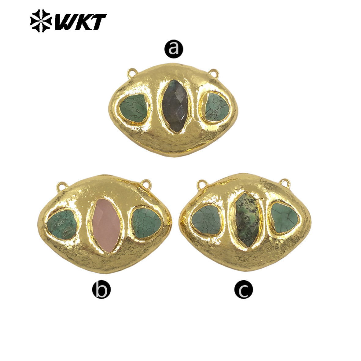 WT-C338 Wholesale Gold Electroplated Three Natural Gemstones Oval Charms Connectors With Double Hoops For Bracelets DIY Design