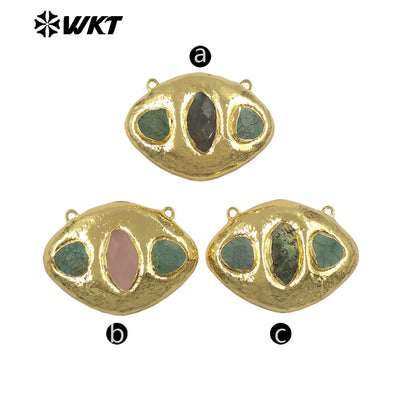 WT-C338 Wholesale Gold Electroplated Three Natural Gemstones Oval Charms Connectors With Double Hoops For Bracelets DIY Design