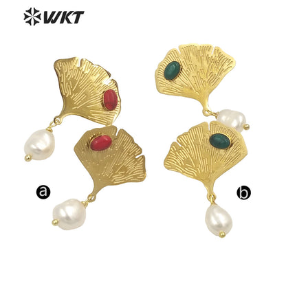 WT-MPE115 European and American Retro Exaggerated Leaf Shape Inlaid with Pearl Flowers 925 Silver Needle Earrings