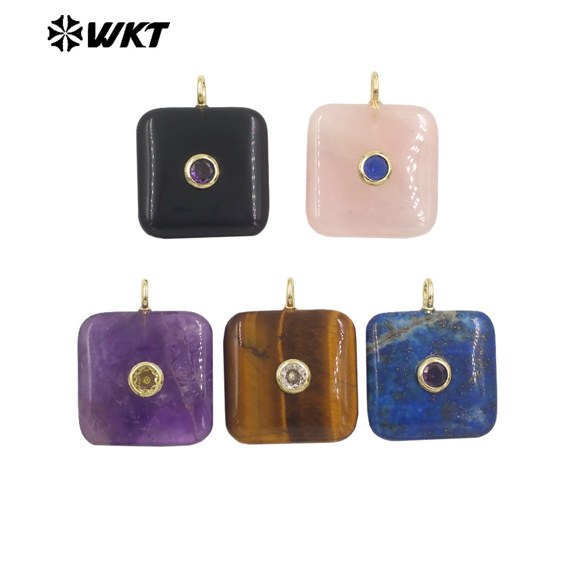 WT-P2023 Popular Sales Lapis Square Natural Gemstones And Colorful Zircon Pendant For Fashion Jewelry Necklace DIY Design