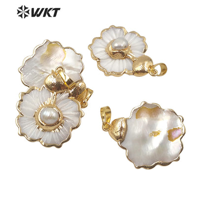 WT-JP174 Stylish Hot Sales Natural Shell Pendant Flower Shape Shell Pendant With Pearl Women Charm New Jewelry Pendant