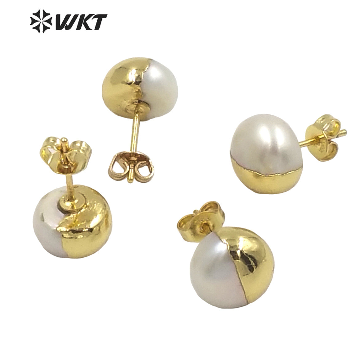 WT-MPE059 Wholesale New Secret Face Series 10mm Natural Round Pearl Gold Studs Unique Design White Pearl Studs Earrings for Lady