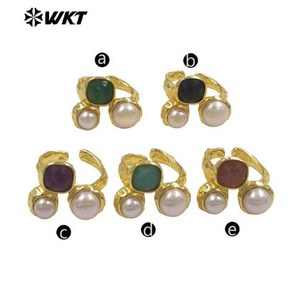 WT-MPR160 Wholesale Gold Electroplated Double Natural Freshwater Pearls And Stone Rings For Female Daily Decoration Jewelry