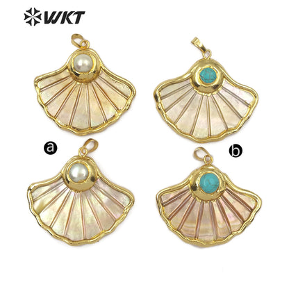 WT-JP101 Gold Scallop Shell Fan-shaped Top with Pearl or Turquoise Embellishment with Two Choices of Gold Plated Shell Pendants