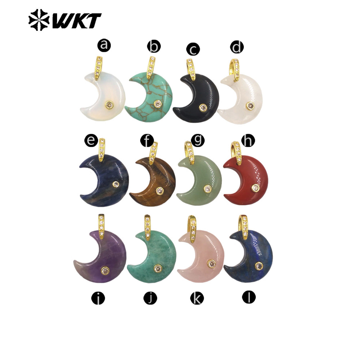 WT-P2112 Factory Wholesale Various Natural Gemstones And Zircon Moon Shape Gold Pendants As Lady Sweet Earrings Findings