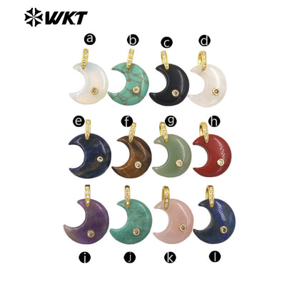 WT-P2112 Factory Wholesale Various Natural Gemstones And Zircon Moon Shape Gold Pendants As Lady Sweet Earrings Findings