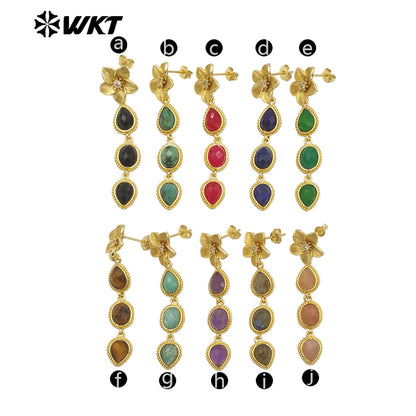 WT-E758 Amazing Fashion 18K Real Gold Plated Resist Tarnishable Multi Stones Earrings Women Birthday Gift Jewelry