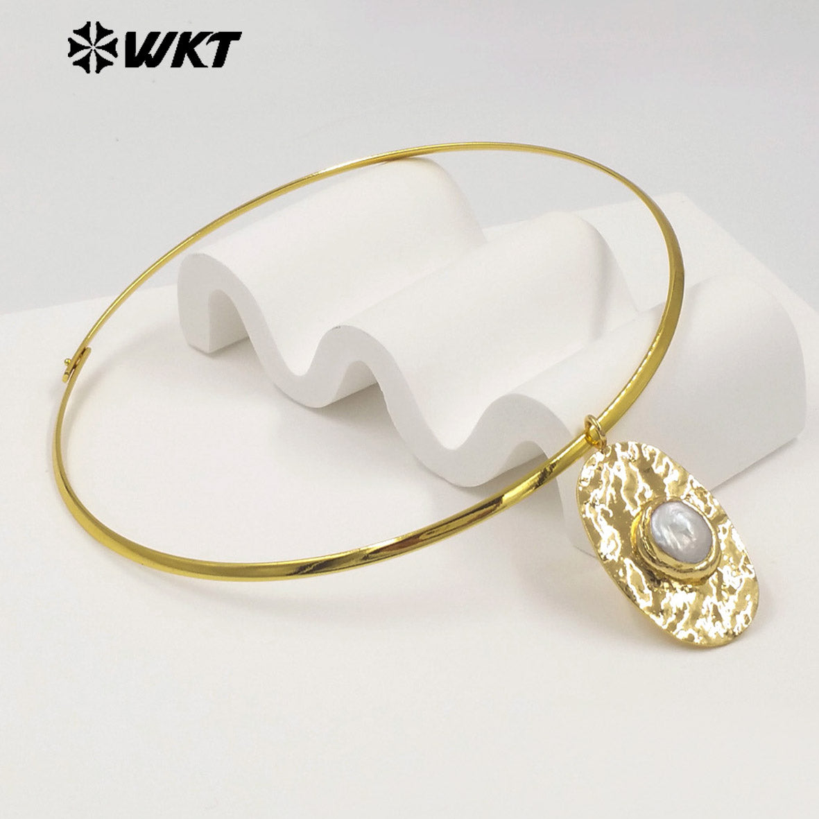 WT-JN394 Simple Vintage Style 18K Gold Plated Rectangle Round Natural Freshwater Pearl Pendant Necklace Choker As Lady Jewelry