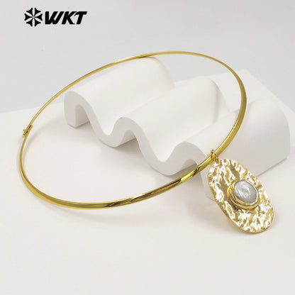 WT-JN394 Simple Vintage Style 18K Gold Plated Rectangle Round Natural Freshwater Pearl Pendant Necklace Choker As Lady Jewelry