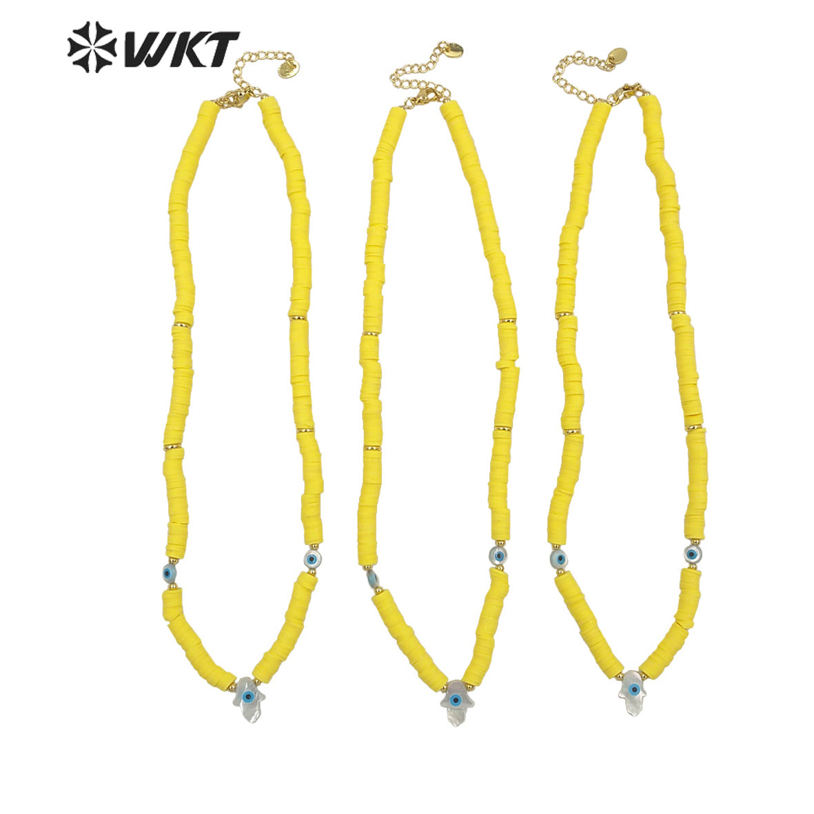 WT-JN196 Amazing New Design Healing Handsha Yellow Resin Beads Strand Necklace Natural Shell Made Hand Charm Pendant Necklace