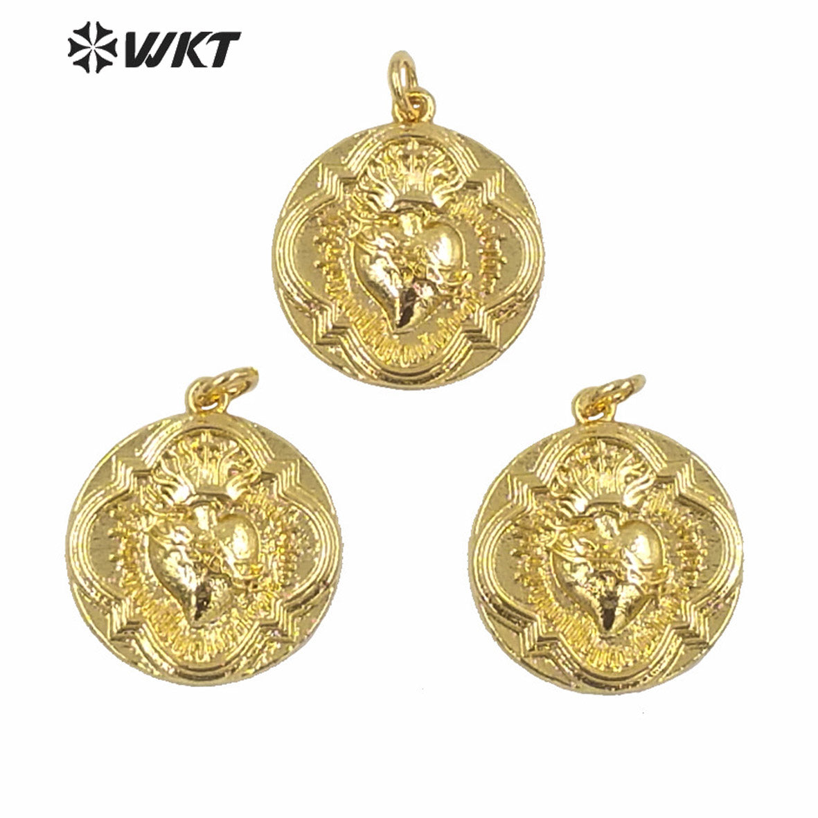 WT-MP182 Full Gold Electroplated Round Flower Shape Coin Pendant Unique Design Religious Heart Medals Pendant
