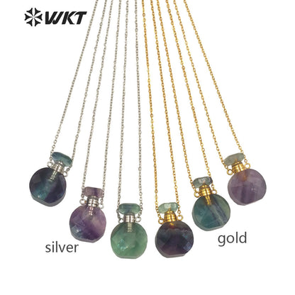 WT-N1457 New Design Natural Rainbow Fluorite Faceted Gold Plated and Stainless Steel Essencial Oil Bottle Necklace Jewelry