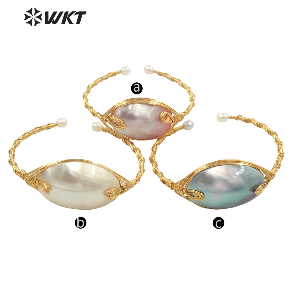 WT-MPB049 Statement Fashion Coil Yellow Brass Delicate Bangle Mother of Pearl Women Pendant Bangle