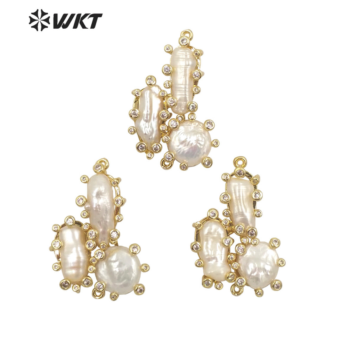 WT-JP310 Triple Irregular Freshwater Pearl Pendants Precious Micro Pave CZ Setting White Pearl Pendant for Jewelry Necklace