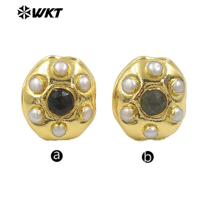 WT-MPR115 High Quality Unisex 18K Gold Plated Six Pearl and Natural Black Stone Round Shape Ring Exquisite Jewelry Accessories