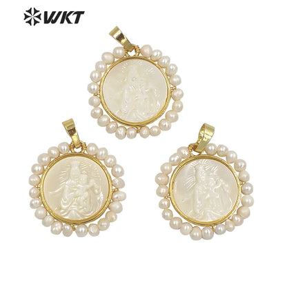 WT-JP262 Fashion Gold Amazing Handmade Wire Wrapped Tiny Pearl Charm Shell Pendant Gold Bezel Virgin Mary and Jesus Religious