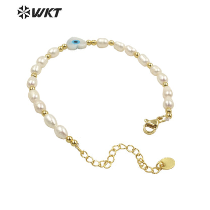 WT-MPB060 Wholesale Fashion White Freshwater Pearl Bracelet with Lobster Close Charming Shell Eye Beads Bracelet