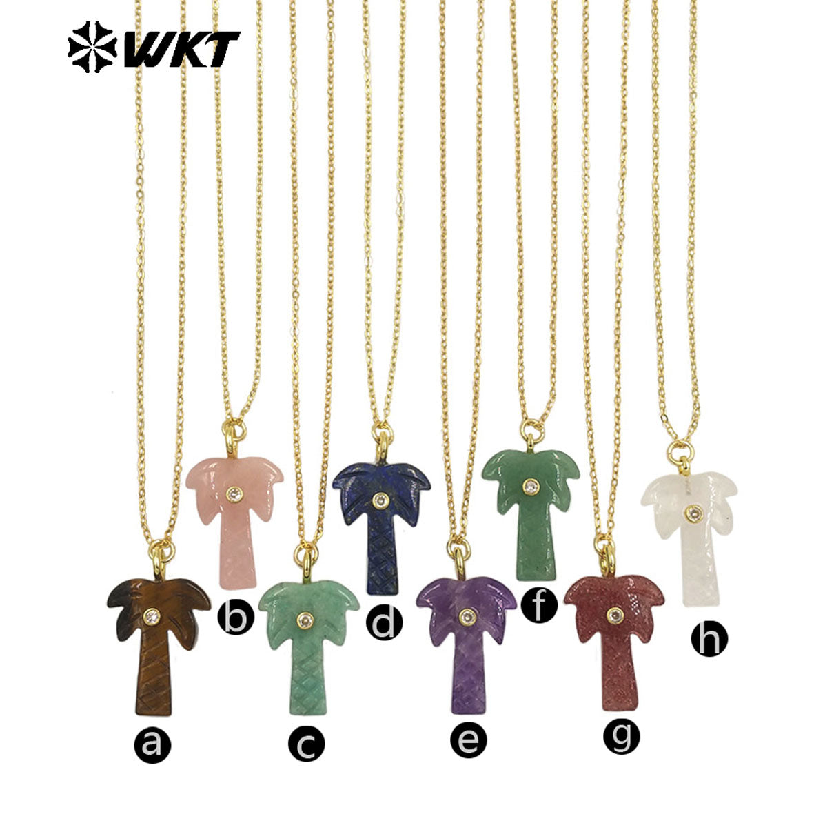 WT-N1534 Amazing Various Natural Gemstones Carved Coconut Trees Shape Charms Gold Necklaces For Women Fashionable Jewelry