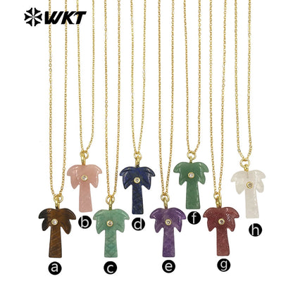 WT-N1534 Amazing Various Natural Gemstones Carved Coconut Trees Shape Charms Gold Necklaces For Women Fashionable Jewelry