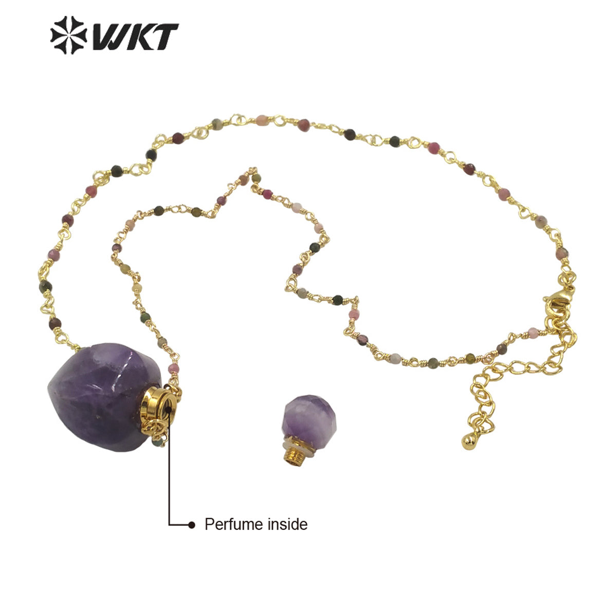 WT-N1277 Amazing Natural Hot Women Stone Drop Shape Perfume Bottle Necklace Gold Electroplated Crystal Essential Oil Necklace