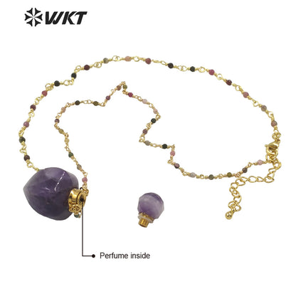 WT-N1277 Amazing Natural Hot Women Stone Drop Shape Perfume Bottle Necklace Gold Electroplated Crystal Essential Oil Necklace
