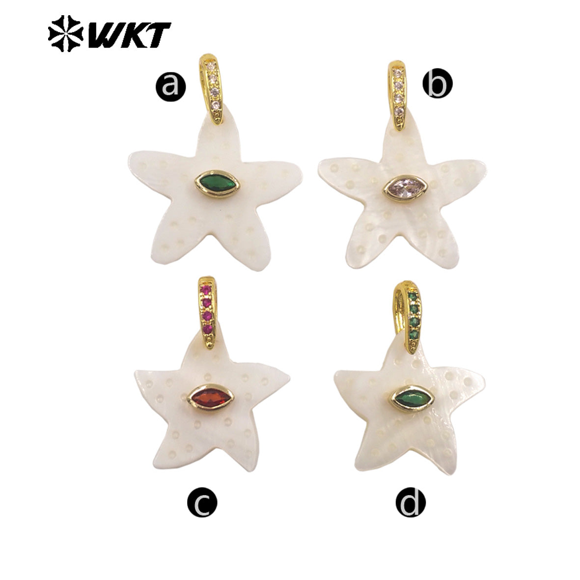 WT-JP480 Trendy Simple Style Gold Plated Zircon And White Shell Starfish Shape Little Pendants For Women Earrings Design