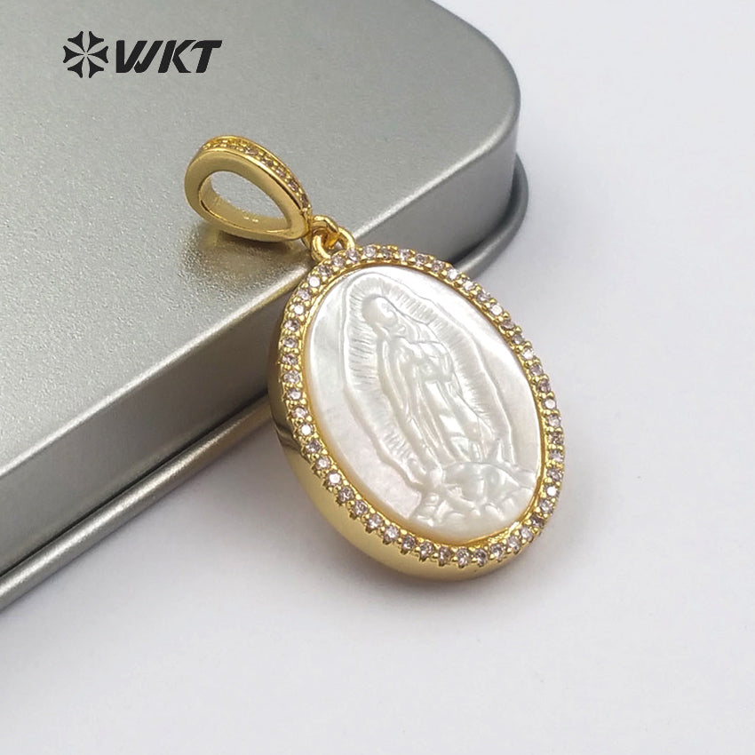 WT-MP107 Charm Dainty Virgin Mary Shell Pendent in Gold or Sliver Religious Jewelry Gift for Women Micro Pave Shell Pendant