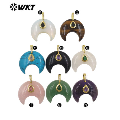 WT-P2143 Hot Popular Waterdrop Zircon And Natural Gemstones Horn Shape Little Pendants For Lady Handmade Necklace Decorative