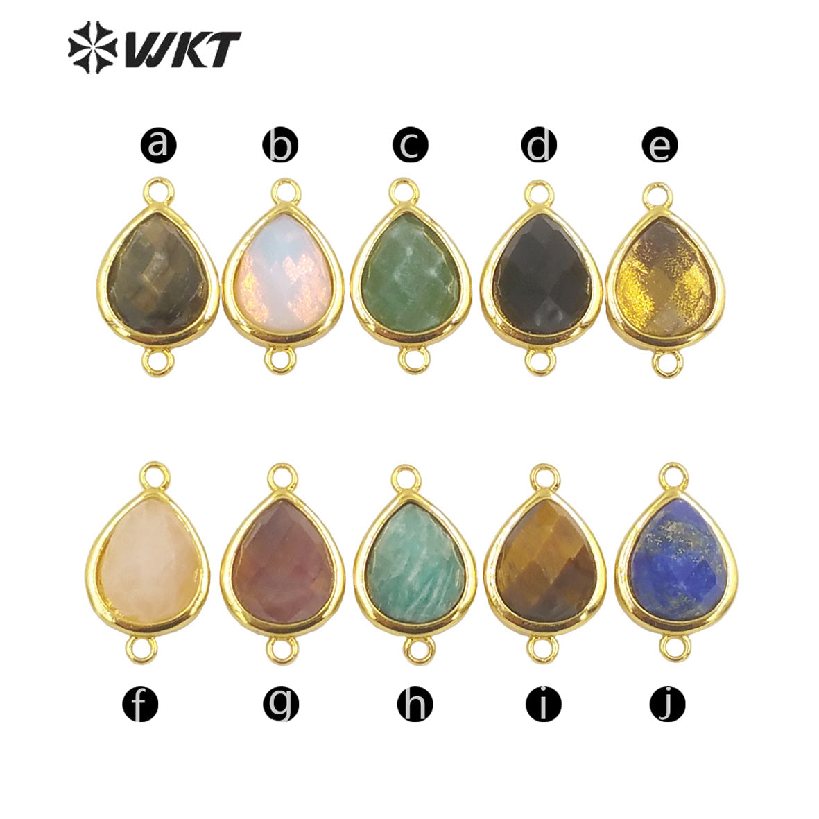 WT-C308 Lovely Natural Gemstone Teardrop Connector Pendants 18k Real Gold Plated Bezel Double Loops Drop Stone Charms