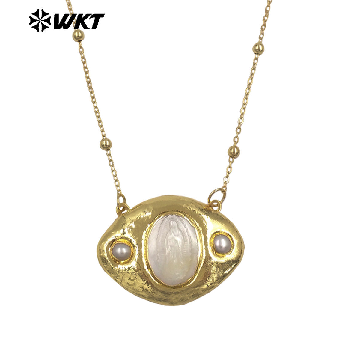 WT-JN388 Factory Wholesale Gold Plated Chain With Religious Style Mother Of Pearl Pendant Necklace For Women Unique Jewelry