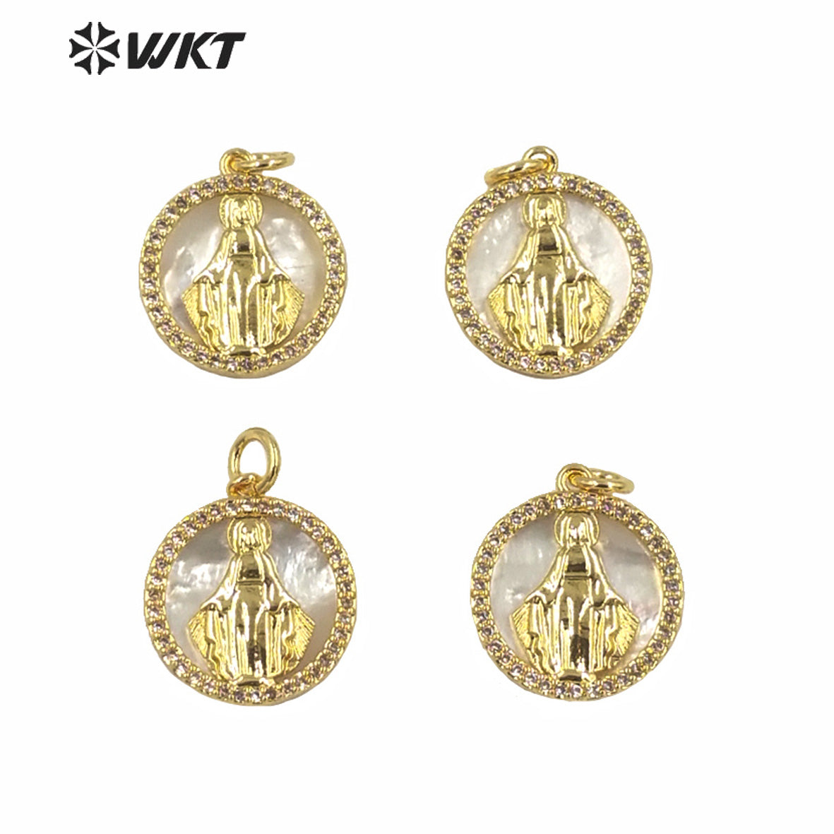 WT-MP155 New Hot Sales White MOP Shell Pendants Small Size Round Coin Religious Jesus Christ Charm Pendant in Gold Electroplated