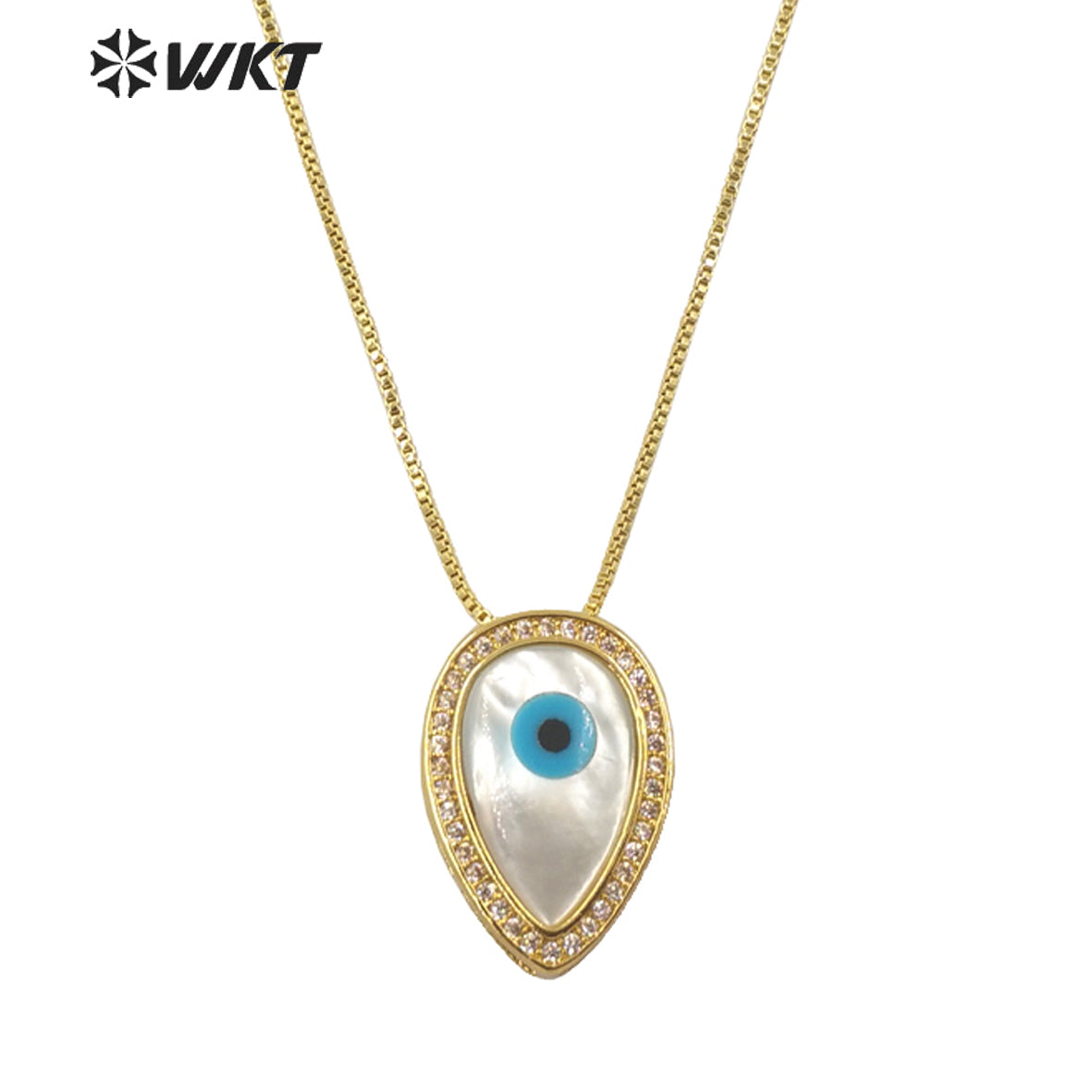 WT-MN972 Fashion Gold Electroplated Cubic Zircon Trim Natural Shell Teardrop Eye Necklace in Adjustable Women Turkey Necklace