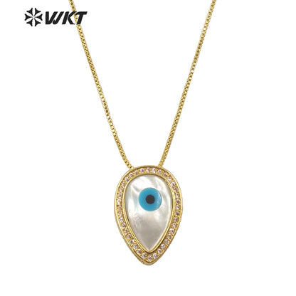 WT-MN972 Fashion Gold Electroplated Cubic Zircon Trim Natural Shell Teardrop Eye Necklace in Adjustable Women Turkey Necklace